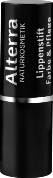 Czarna, matowa pomadka Alterra Red Kiss, widok pionowy tuby z srebrnymi napisami 'Alterra Lippenstift'.