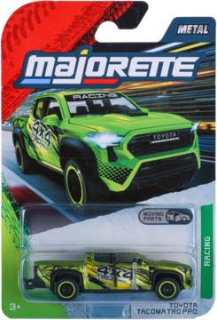 Majorette metalowy model Toyota Tacoma TRD Pro, zielony samochód wyścigowy w blistrze, widok z przodu.