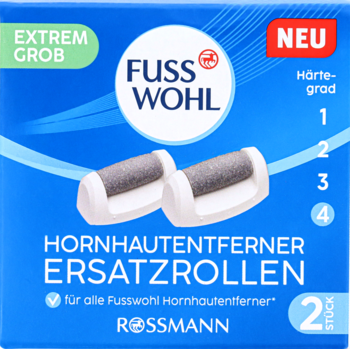 Niebieskie opakowanie Fusswohl, 2 ekstremalnie grube wymienne rolki do usuwania zrogowaceń, widok z przodu.