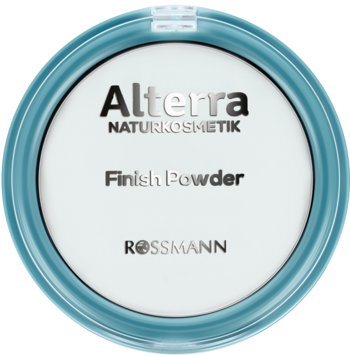 Okrągła, turkusowa puderniczka Alterra Naturkosmetik z transparentnym pudrem Finish Powder, widok z góry.