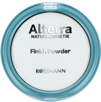 Okrągła, turkusowa puderniczka Alterra Naturkosmetik z transparentnym pudrem Finish Powder, widok z góry.