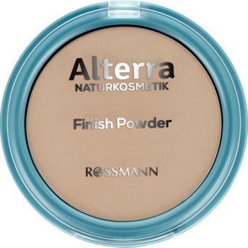 Alterra Transparentny Finish Powder, beżowy puder matujący w okrągłej, turkusowej puderniczce, widok z góry.