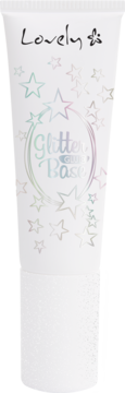 Biała tubka bazy do cieni brokatowych Lovely Glitter Glue Base ze wzorem w iridescentne gwiazdki, widok z przodu.