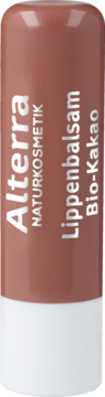 Alterra Lippenbalsam Bio-Kakao, brązowo-różowy sztyft z białym napisem, subtelny połysk, widok z przodu.