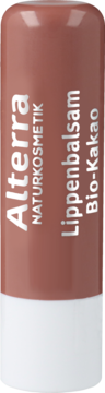 Alterra Lippenbalsam Bio-Kakao, brązowo-różowy sztyft z białym napisem, subtelny połysk, widok z przodu.