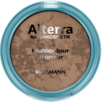 Alterra Multicolour Bronzer Golden Glow 01 w niebieskiej puderniczce, widok z góry na marmurkowy puder.