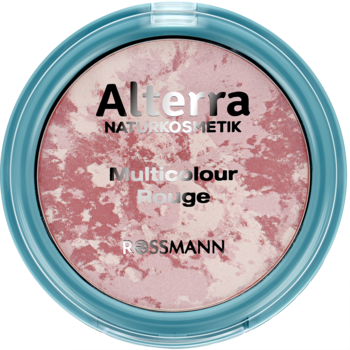 Alterra róż do policzków 01 Rose Shimmer. Turkusowa puderniczka z różowo-białym pudrem, widok z góry.