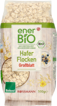EnerBiO Hafer Flocken Großblatt 500g, bio płatki owsiane w przezroczystej torbie, widok z przodu.