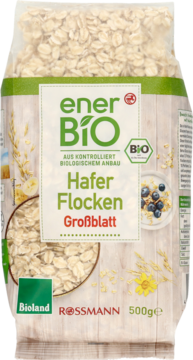 EnerBiO Hafer Flocken Großblatt 500g, bio płatki owsiane w przezroczystej torbie, widok z przodu.