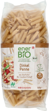 enerBiO Bio Dinkel Penne 500g. Przezroczysta torba z brązowym makaronem orkiszowym, widok frontalny opakowania.