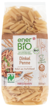 EnerBiO makaron penne orkiszowy 500g w przezroczystej torebce, z przodu logo BIO i nazwa Dinkel Penne.
