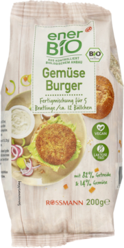 EnerBio Bio Gemüse Burger mieszanka, biała torebka 200g z obrazem wegańskiego burgera i warzyw, front opakowania.