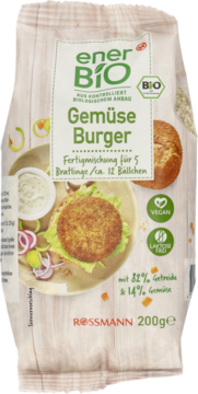 EnerBio Bio Gemüse Burger mieszanka, biała torebka 200g z obrazem wegańskiego burgera i warzyw, front opakowania.