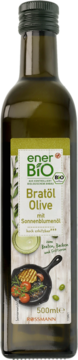 Ciemnozielona butelka enerBiO Bratöl Olive 500ml, oliwa do smażenia z olejem słonecznikowym, zielona etykieta z patelnią, widok z przodu.
