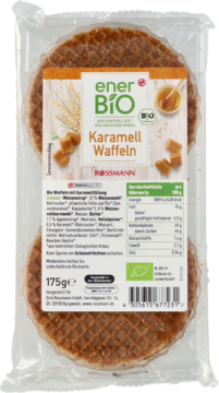 EnerBio Karmelowe Wafle: Dwie okrągłe, złocistobrązowe wafle w przezroczystym opakowaniu, z etykietą Rossmann.