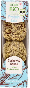 EnerBiO Protein Balls Cashew & Kakao, 2 sztuki, pokryte chrupkami, w przezroczystym opakowaniu z niebieskimi liśćmi.