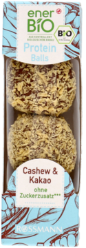 EnerBiO Protein Balls Cashew & Kakao, 2 sztuki, pokryte chrupkami, w przezroczystym opakowaniu z niebieskimi liśćmi.