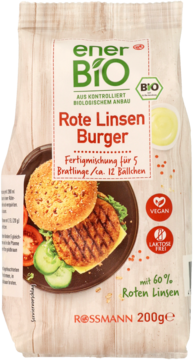 Ener Bio, mieszanka na burgery z czerwonej soczewicy. Beżowa torebka z grafiką wegańskiego burgera, widok z przodu.