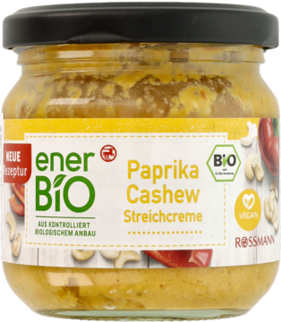 enerBio Paprika Cashew Streichcreme, słoik 180g. Bio wegańska pasta kanapkowa z papryką i nerkowcami, widok z przodu.