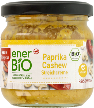 enerBio Paprika Cashew Streichcreme, słoik 180g. Bio wegańska pasta kanapkowa z papryką i nerkowcami, widok z przodu.