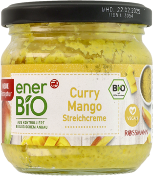 enerBiO Bio Pasta do pieczywa Curry Mango w szklanym słoiku, żółta, widok z przodu, czarna nakrętka.