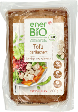 EnerBiO bio wędzony tofu 200g w przezroczystym opakowaniu, widok z przodu, logo Rossmann, bio, vegan, bezglutenowy.
