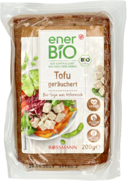 EnerBiO bio wędzony tofu 200g w przezroczystym opakowaniu, widok z przodu, logo Rossmann, bio, vegan, bezglutenowy.