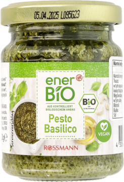 enerBio Pesto Basilico w szklanym słoiku, widok z przodu, zielona etykieta VEGAN, do dań z makaronu.