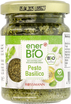 enerBio Pesto Basilico w szklanym słoiku, widok z przodu, zielona etykieta VEGAN, do dań z makaronu.