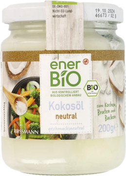 Szklany słoik neutralnego oleju kokosowego enerBIO 200g, biała etykieta z grafiką woka, widok z przodu.