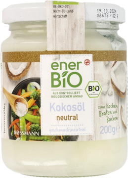Szklany słoik neutralnego oleju kokosowego enerBIO 200g, biała etykieta z grafiką woka, widok z przodu.