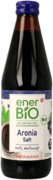 enerBiO Aronia Saft Rossmann w szklanej butelce z niebieską nakrętką i etykietą, 100% czysty sok, widok z przodu.