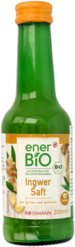 Sok imbirowy Ener BiO 200ml w zielonej butelce, pomarańczowa zakrętka, etykieta z rysunkiem imbiru, widok z przodu.