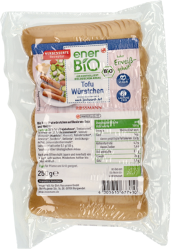 EnerBiO Tofu Würstchen, wegańskie kiełbaski grillowe 250g, jasnobrązowe, w przezroczystym opakowaniu z etykietą BIO.
