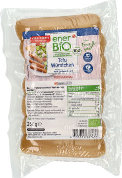 EnerBiO Tofu Würstchen, wegańskie kiełbaski grillowe 250g, jasnobrązowe, w przezroczystym opakowaniu z etykietą BIO.