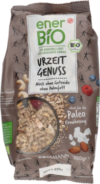 Brązowa torba enerBiO Urzeit Genuss musli paleo bez zbóż, z orzechami i owocami, widok z przodu.