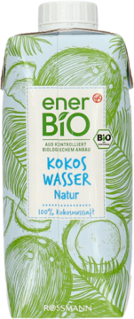 enerBiO Kokos Wasser Natur, biało-zielony karton 100% BIO wody kokosowej z rysunkami palm i kokosów, widok z przodu.