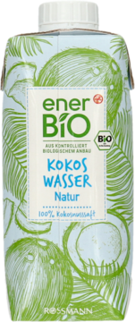 enerBiO Kokos Wasser Natur, biało-zielony karton 100% BIO wody kokosowej z rysunkami palm i kokosów, widok z przodu.