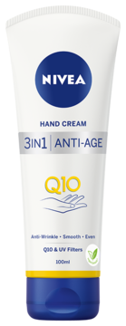 Biała tubka NIVEA Anti-Age Care 3in1 Hand Cream Q10, 100ml, z niebieską nakrętką, widok z przodu.