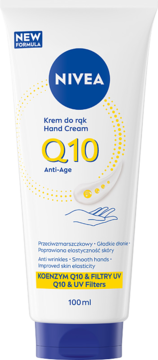 Biała tubka kremu do rąk NIVEA Q10 Anti-Age 100ml, z filtrami UV, widok z przodu.