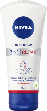 Krem do rąk NIVEA 3IN1 Repair Dexpanthenol w białej tubce z niebieską nakrętką, widok z przodu.