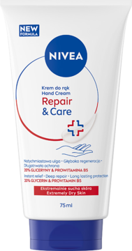 Biała tubka kremu NIVEA Repair & Care Hand Cream 75ml do rąk suchych, z niebieską nakrętką, widok z przodu.