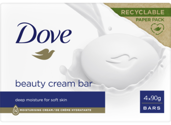 Białe pudełko Dove Beauty Cream Bar, 4 nawilżające kostki myjące. Widok z przodu, z grafiką mydła.
