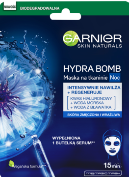 Garnier Hydra Bomb Maska na tkaninie Noc, niebieskie opakowanie, nawilżająca, z kwasem hialuronowym. Widok z przodu.