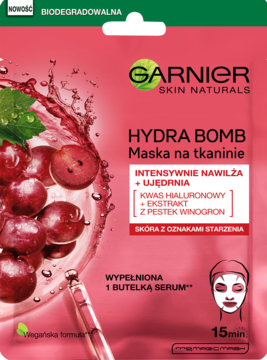 Garnier Hydra Bomb, maska na tkaninie, r<5<><8><7>owa saszetka z winogronami i serum, nawil<5<><7>a sk<5<><7><3><4> ze zmarszczkami.