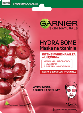 Garnier Hydra Bomb, maska na tkaninie, r<5<><8><7>owa saszetka z winogronami i serum, nawil<5<><7>a sk<5<><7><3><4> ze zmarszczkami.