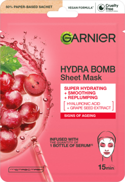 Garnier Hydra Bomb Sheet Mask w różowej saszetce z winogronami, widok z przodu. Nawilża, kwas hialuronowy, anti-aging.