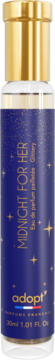 Adopt' Midnight for Her EDP, dark blue cylindrical bottle with gold cap, sparkling stars, and vertical text.