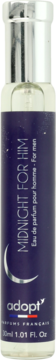 Cylindryczna butelka perfum Midnight for Him Adopt' 30ml, ciemnoniebieska etykieta z księżycem, widok z przodu.