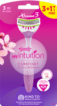 Front view of Wilkinson Xtreme 3 My Intuition Comfort Cherry Blossom razors, 3+1 FREE, in purple packaging.